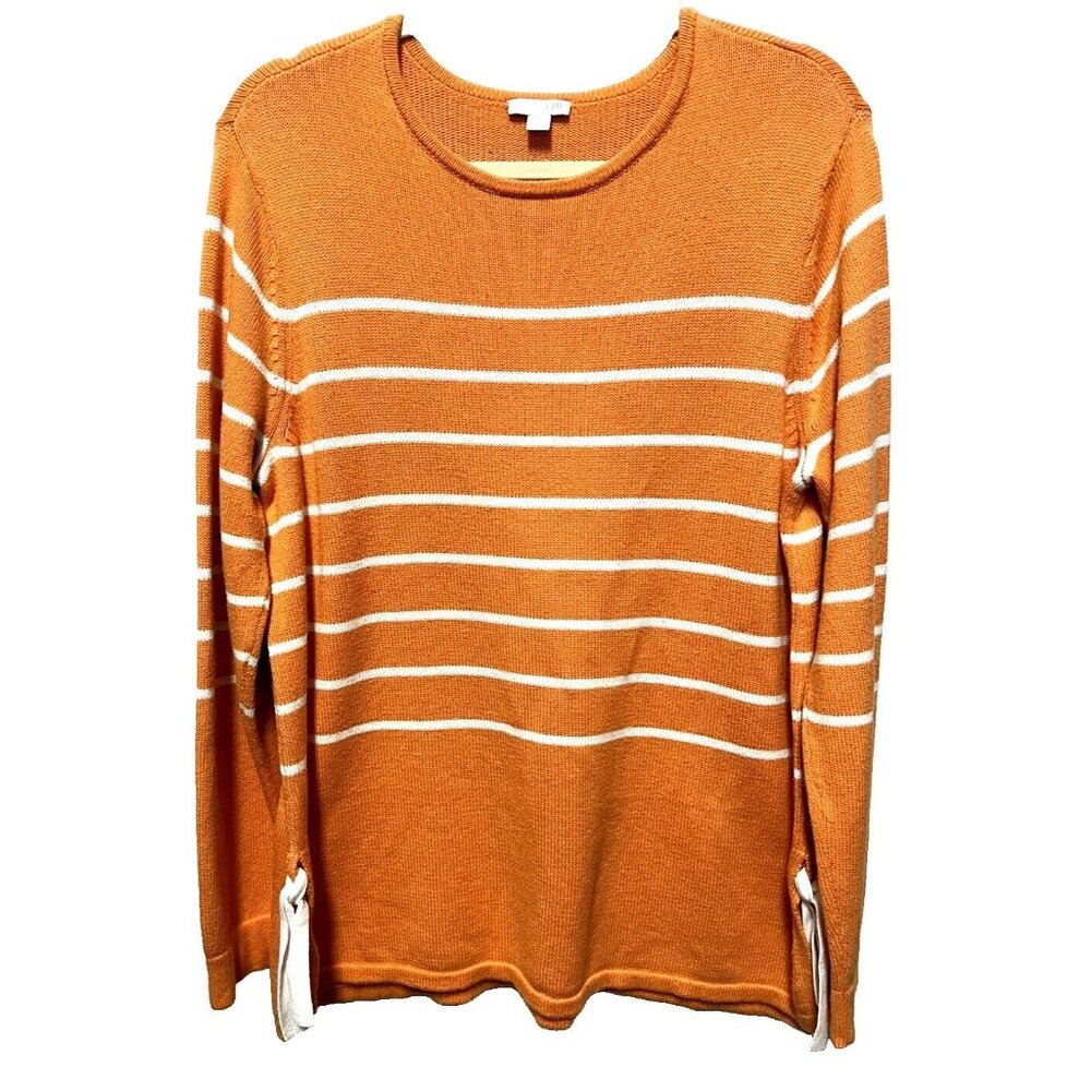 J. Jill Womens Sweater Tunic‎ Large Stripe Orange White Knit Long Sleeve Slits